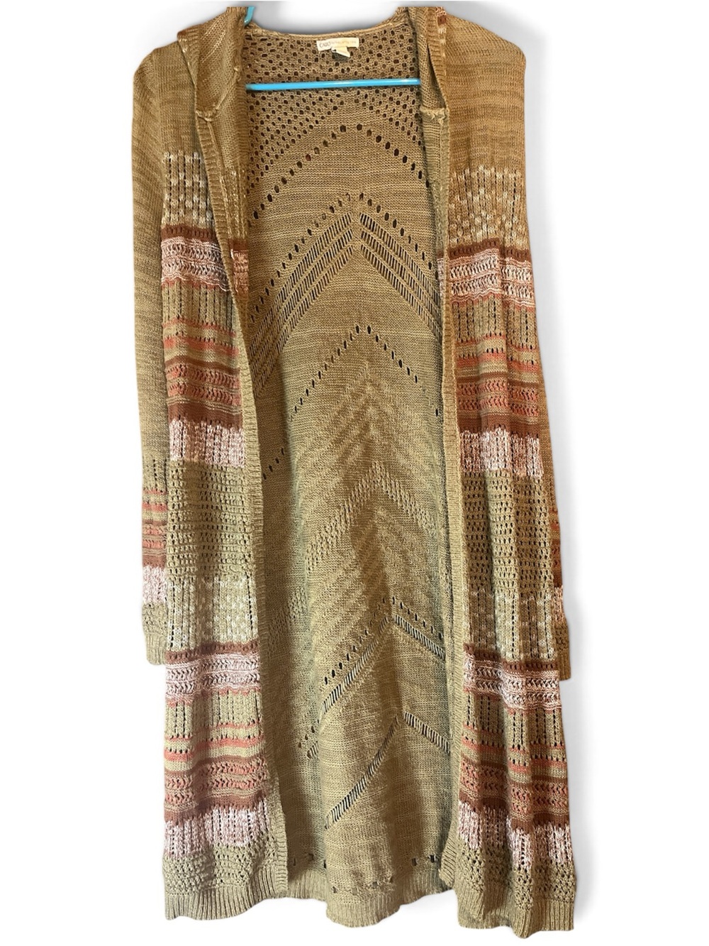 Cato Open-Front Longline Cardigan in Olive green with Burgundy & Rust Accents